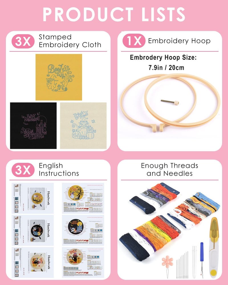 TINDTOP Halloween Embroidery Kit for Adult Beginners, 3 Sets Embroidery Stitch Practice kit Include Embroidery Cloth Hoops Threads for Craft Lover Hand Stitch - Image 2